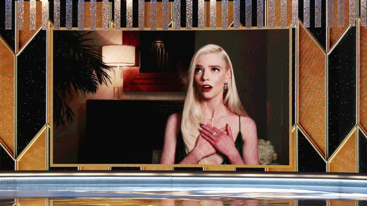 Anya Taylor-Joy reacts via video after being announced the winner of the Best Actress - Television Motion Picture award for ‘The Queen’s Gambit’ at the 78th Annual Golden Globe Awards held at The Beverly Hilton and broadcast on February 28, 2021 in Beverly Hills, California. Christopher Polk/NBC | NBCUniversal | Getty Images