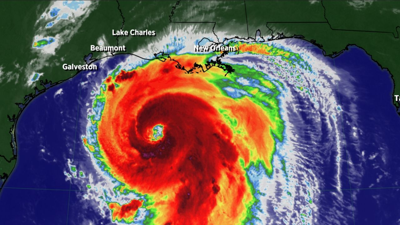 The eyewall is the area immediately around the clear eye. This is usually the most dangerous part of a hurricane. Image of Hurricane Laura as taken on August 26, 2020.