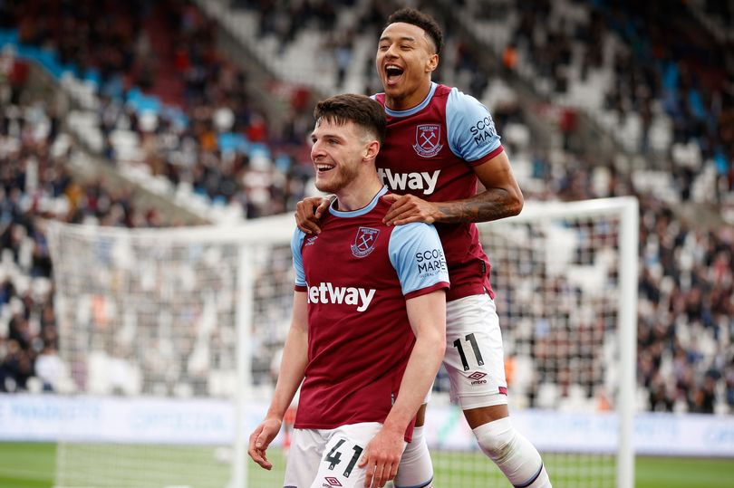 Declan Rice of West Ham United celebrates with team mate Jesse Lingard (Image: John Sibley - Pool/Getty Images)