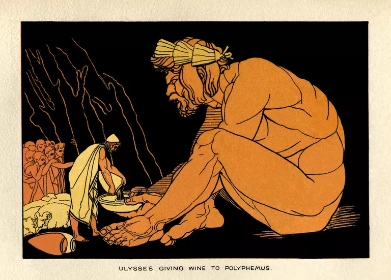 Ulysses giving wine to the Cyclops Polyphemus. From “Stories From Homer” by Alfred J. Church, illustration by John Flaxman. Published by Seeley, Jackson & Halliday, London, 1878. whitemay / Getty Images