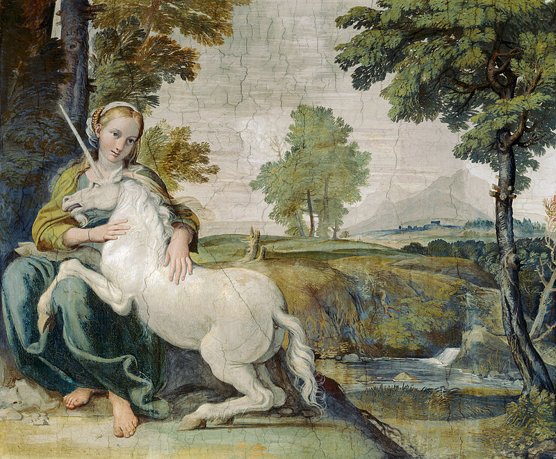 The gentle and pensive maiden has the power to tame the unicorn, fresco by Domenichino, c. 1604–05 (Palazzo Farnese, Rome)