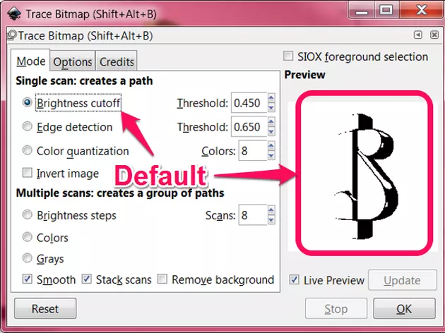 The default Trace Bitmap options produce a poor quality black and white vector image Image Credit: Inkscape.org
