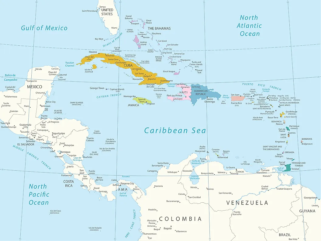 Map showing the location of the Caribbean countries (colored) in the Caribbean Sea. Photo: WorldAtlas 
