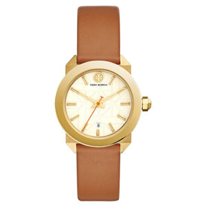Tan leather strapped Tory Burch gold faced watch