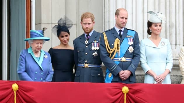 (L-R) Queen Elizabeth II, Meghan, Duchess of Sussex, Prince Harry, Duke of Sussex, Prince William, Duke of Cambridge and Catherine, Duchess of Cambridge watch the RAF flypast on the balcony of Buckingham Palace, as members of the Royal Family attend events to mark the centenary of the RAF on July 10, 2018 in London, England. Neil Mockford | GC Images