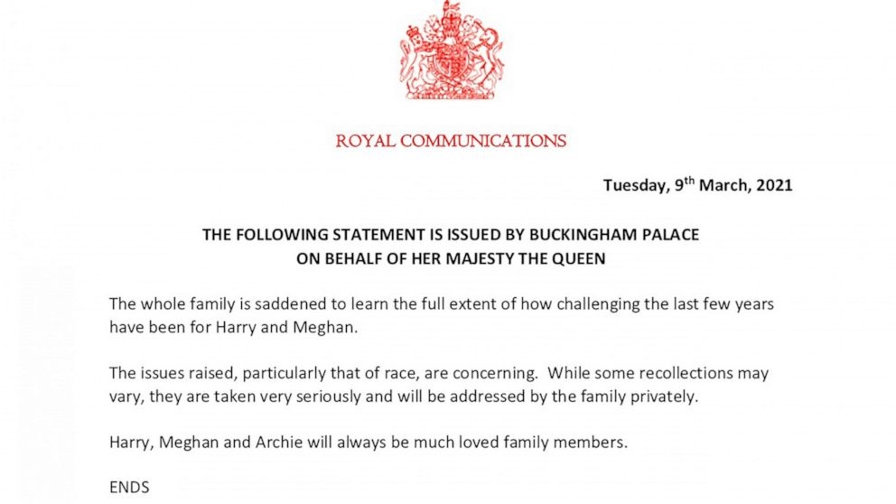 The Full Statement issued by Buckingham Palace on Harry and Meghan interview