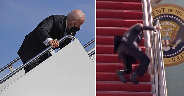 Video: President Biden Trips 3 Times in a row while Walking up Stairs of Air Force One