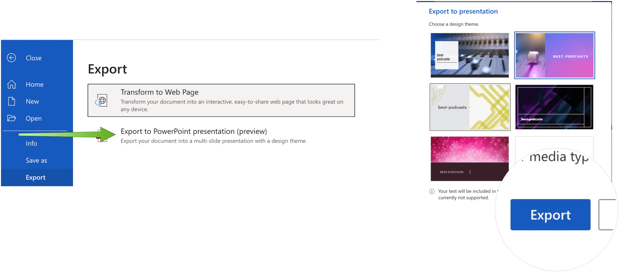 export to powerpoint presentation not showing up in word